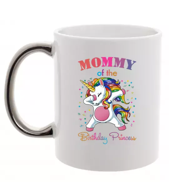 Чашка с цветной ручкой Mommy of the birthday princess Серебро фото