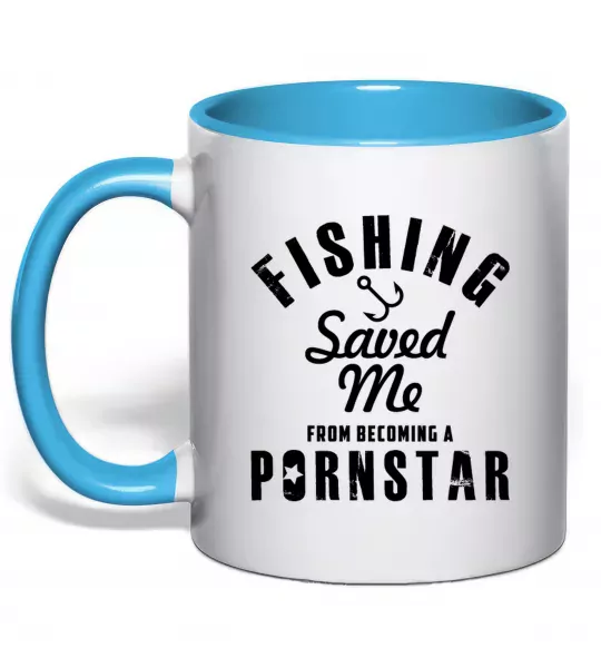 Чашка с цветной ручкой Fishing save me from becoming a pornstar Голубой фото
