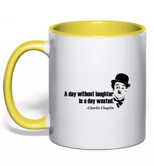 Чашка з кольоровою ручкою A day without laughter ia day wasted Сонячно жовтий фото