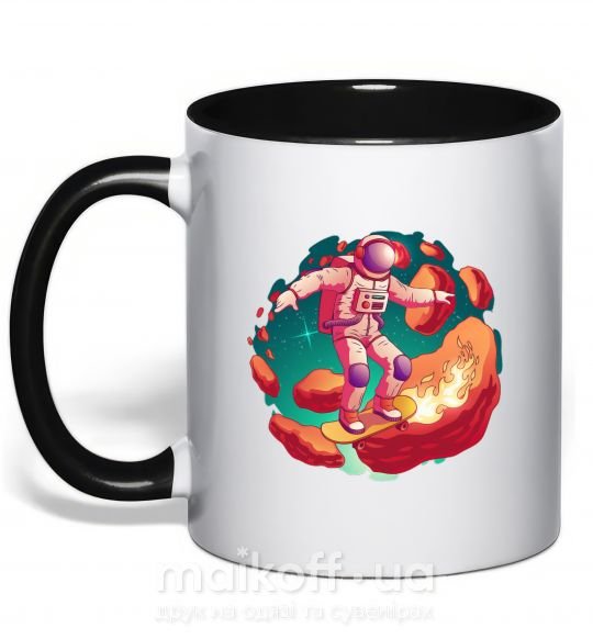 Чашка з кольоровою ручкою Космонавт скейтер Чорний фото