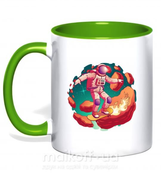 Чашка з кольоровою ручкою Космонавт скейтер Зелений фото