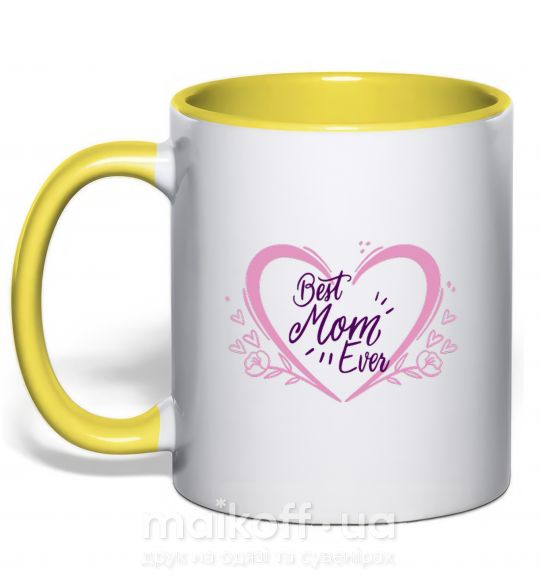 Чашка з кольоровою ручкою Best mom ever flower heart Сонячно жовтий фото