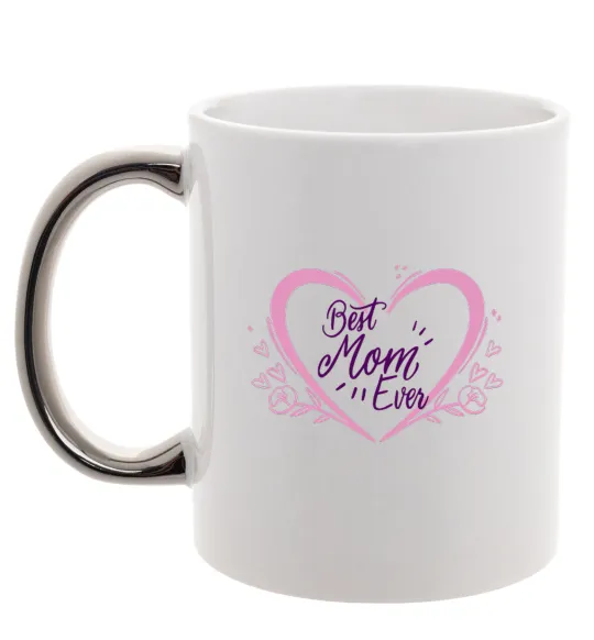 Чашка з кольоровою ручкою Best mom ever flower heart Срібло фото