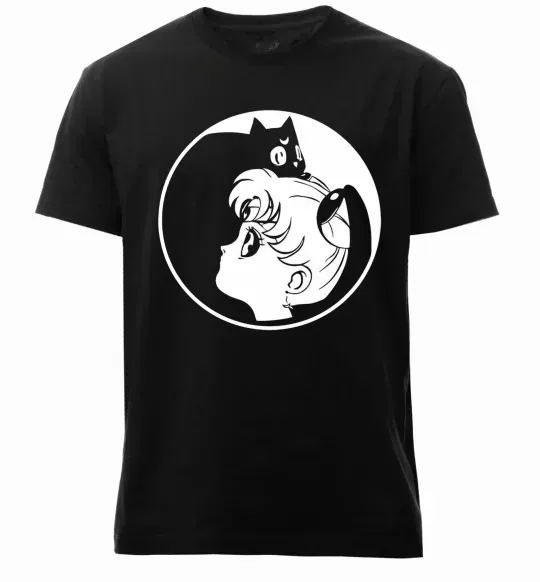 Мужская премиум футболка Сейлор Мун с котиком Черный фото