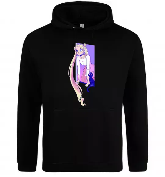 Мужская толстовка (худи) Sailor moon with the cat Черный фото