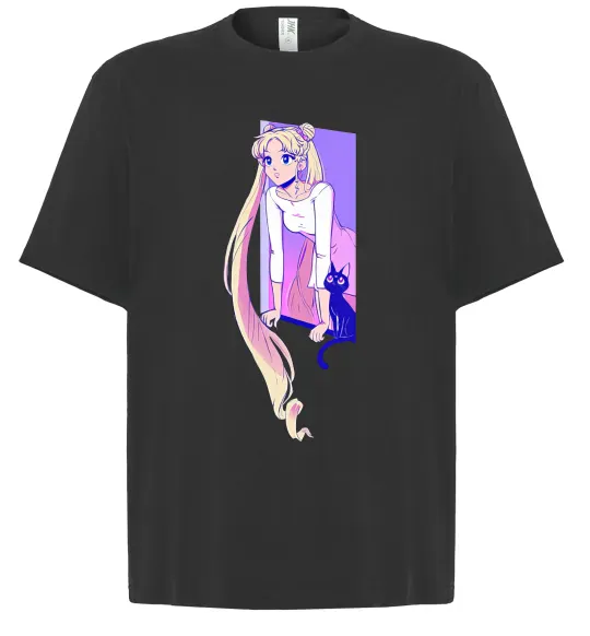 Футболка Оверсайз Sailor moon with the cat Чорний фото