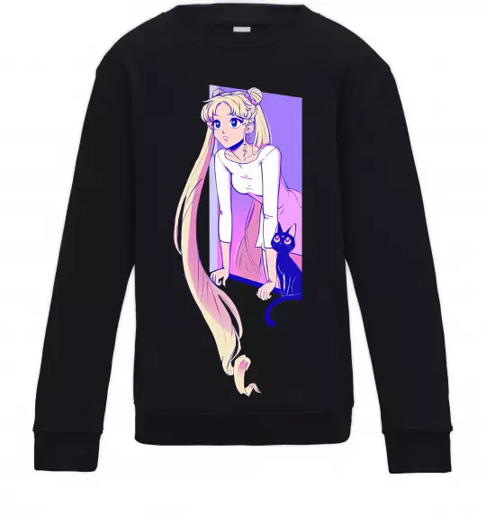 Детский Свитшот Sailor moon with the cat Черный фото