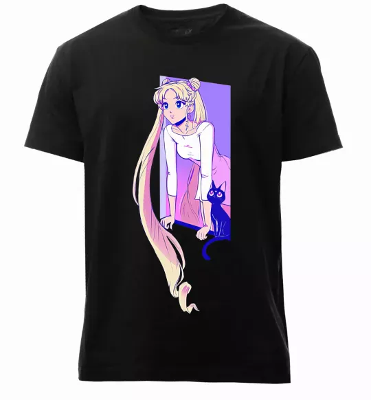 Мужская премиум футболка Sailor moon with the cat Черный фото