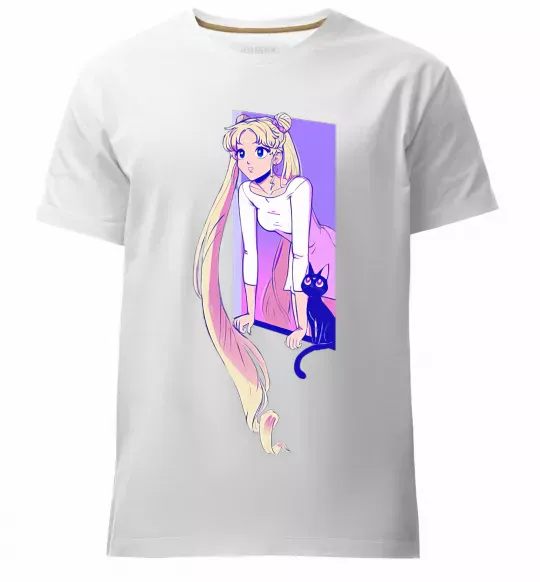 Мужская премиум футболка Sailor moon with the cat Белый фото