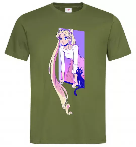 Чоловіча футболка Sailor moon with the cat Оливковий фото