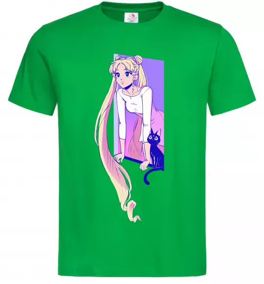 Чоловіча футболка Sailor moon with the cat Зелений фото