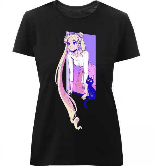 Жіноча преміум футболка Sailor moon with the cat Чорний фото