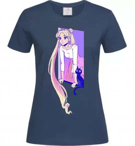 Женская футболка Sailor moon with the cat Темно-синий фото