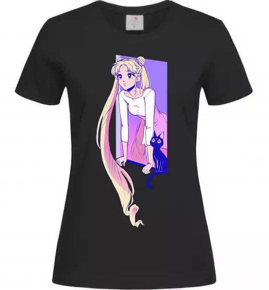 Женская футболка Sailor moon with the cat Черный фото