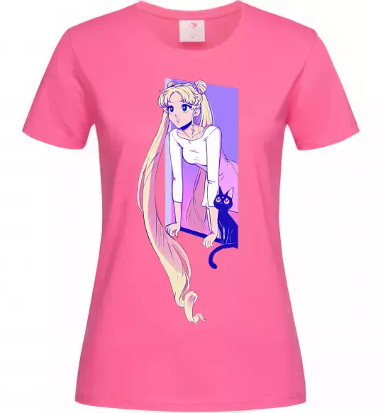 Женская футболка Sailor moon with the cat Ярко-розовый фото