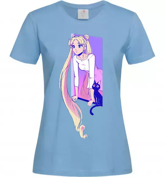 Женская футболка Sailor moon with the cat Голубой фото