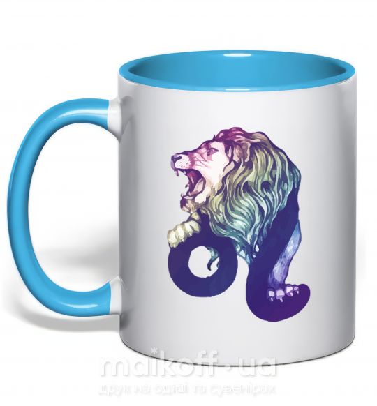 Чашка с цветной ручкой Лев знак зодиака Голубой фото