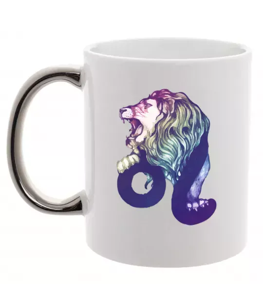 Чашка с цветной ручкой Лев знак зодіаку Серебро фото