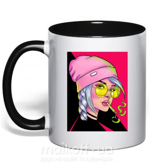 Чашка з кольоровою ручкою SWAG girl with cigarette Чорний фото