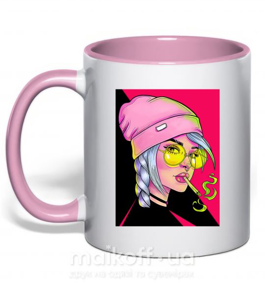 Чашка з кольоровою ручкою SWAG girl with cigarette Ніжно рожевий фото