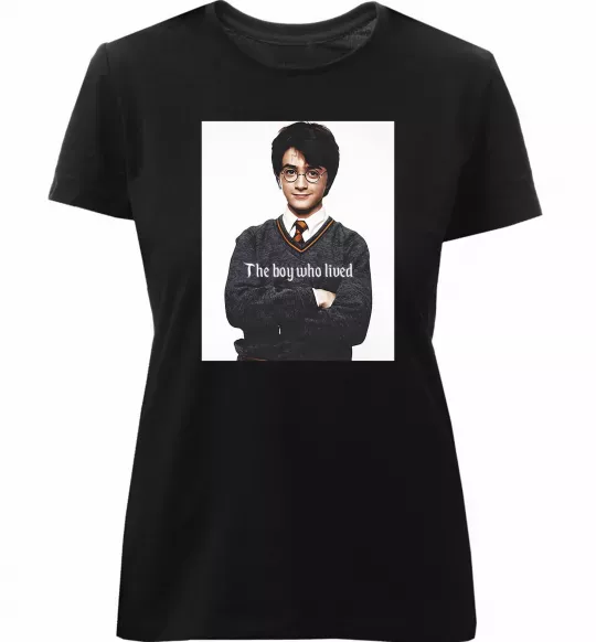 Женская премиум футболка The boy who lived Черный фото