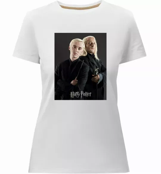 Жіноча преміум футболка Драко Малфой з батьком Білий фото