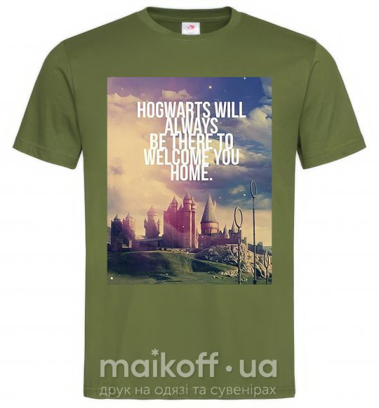 Мужская футболка Hogwarts will always be there to welcome you home Оливковый фото