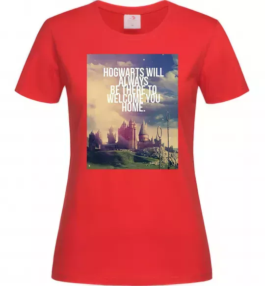 Женская футболка Hogwarts will always be there to welcome you home Красный фото