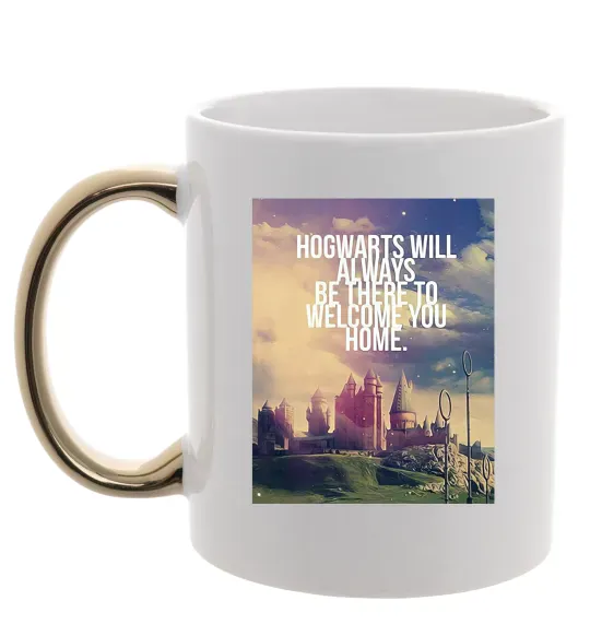 Чашка с цветной ручкой Hogwarts will always be there to welcome you home Золото фото