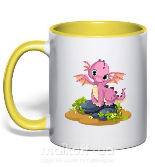Чашка з кольоровою ручкою Розовый динозавр Сонячно жовтий фото