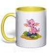 Чашка з кольоровою ручкою Розовый динозавр Сонячно жовтий фото