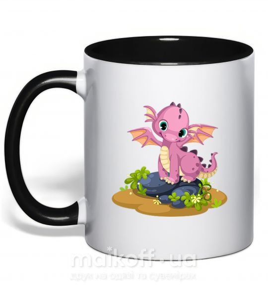 Чашка з кольоровою ручкою Розовый динозавр Чорний фото