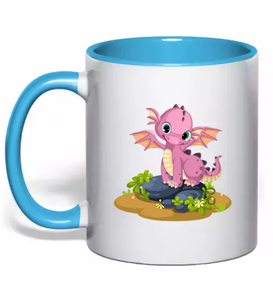 Чашка с цветной ручкой Рожевий динозавр Голубой фото