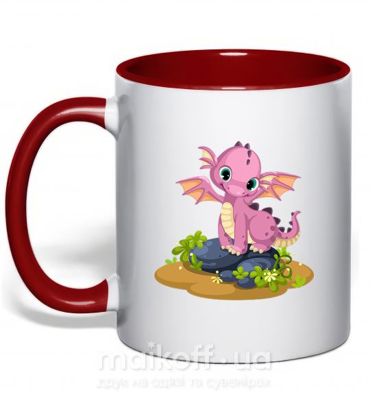 Чашка з кольоровою ручкою Розовый динозавр Червоний фото