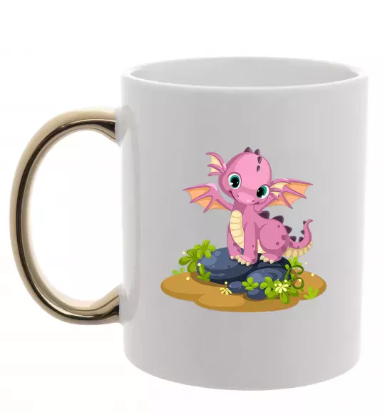 Чашка с цветной ручкой Рожевий динозавр Золото фото