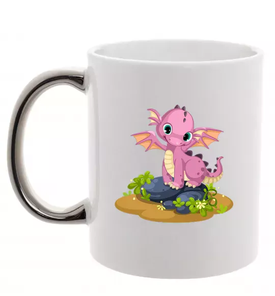 Чашка с цветной ручкой Рожевий динозавр Серебро фото