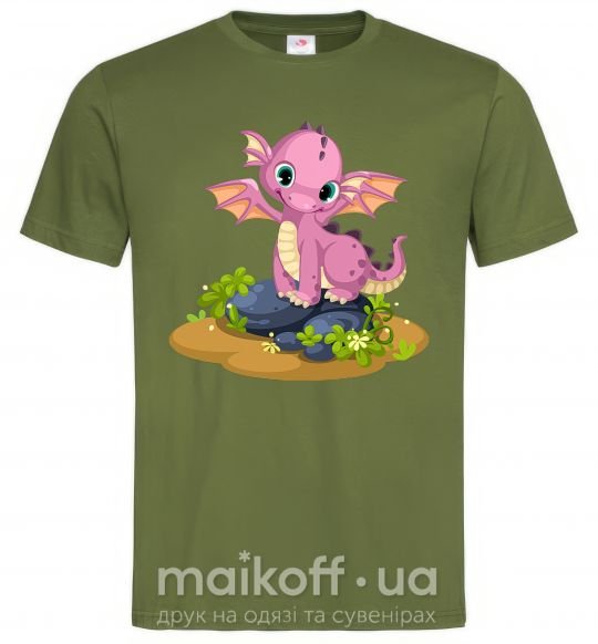 Мужская футболка Розовый динозавр Оливковый фото