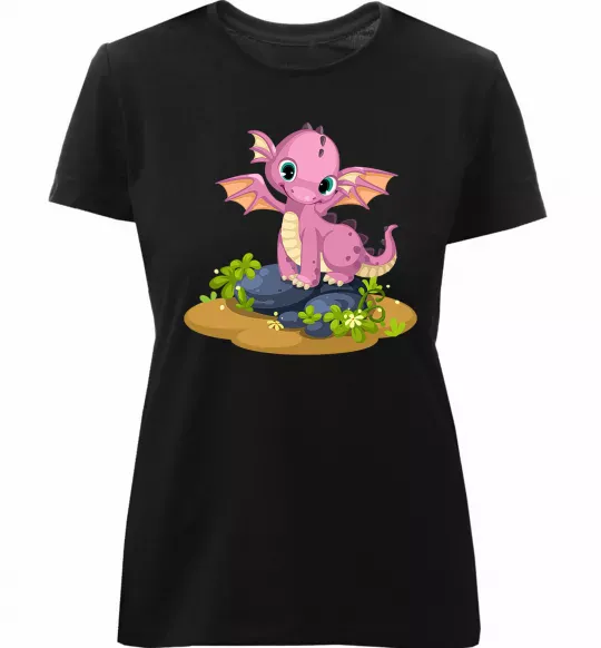 Жіноча преміум футболка Рожевий динозавр Чорний фото