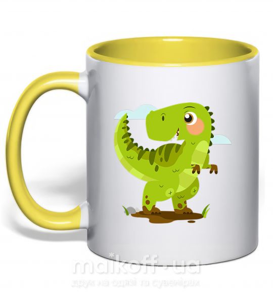 Чашка з кольоровою ручкою Радостный динозавр Сонячно жовтий фото