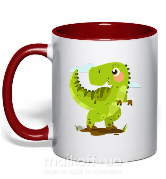 Чашка з кольоровою ручкою Радостный динозавр Червоний фото