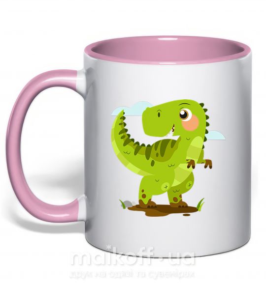 Чашка з кольоровою ручкою Радостный динозавр Ніжно рожевий фото