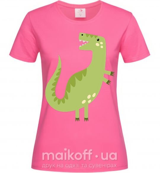 Жіноча футболка Зеленый динозавр рисунок Яскраво-рожевий фото
