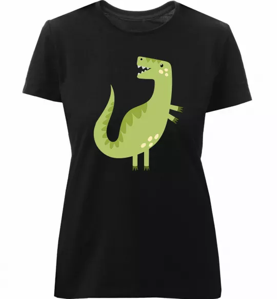 Женская премиум футболка Зелений динозавр малюнок Черный фото