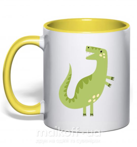 Чашка з кольоровою ручкою Зеленый динозавр рисунок Сонячно жовтий фото