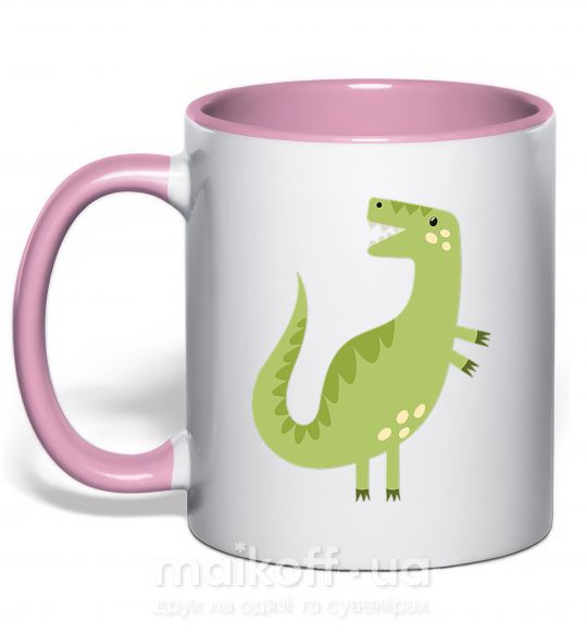 Чашка з кольоровою ручкою Зеленый динозавр рисунок Ніжно рожевий фото