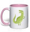 Чашка з кольоровою ручкою Зеленый динозавр рисунок Ніжно рожевий фото
