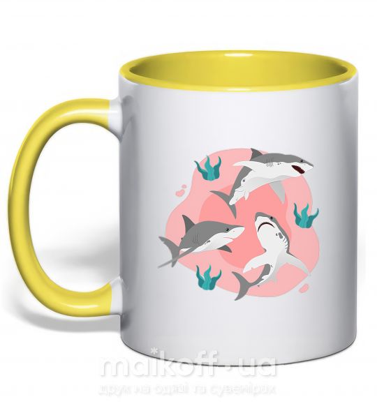 Чашка з кольоровою ручкою Sharks in pink Сонячно жовтий фото