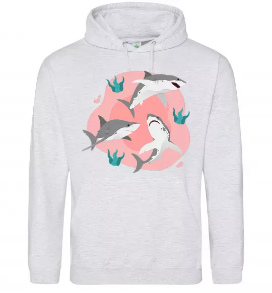 Мужская толстовка (худи) Sharks in pink Серый меланж фото