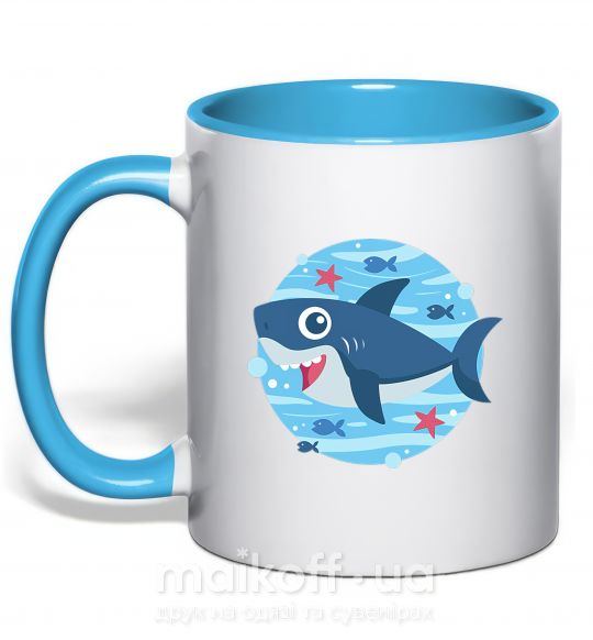 Чашка з кольоровою ручкою Happy shark Блакитний фото