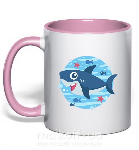 Чашка з кольоровою ручкою Happy shark Ніжно рожевий фото